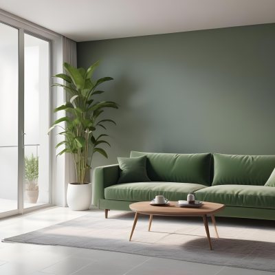 3d Model A Modern Living Room Featuring A Green Sofa With Cushions A Glass Coffee Table And A Tall Green Plant In A White Pot Large Glass Doors Lead To A Balcony Allowing Natural Light To Enter The Walls Are Paint 14 26ce