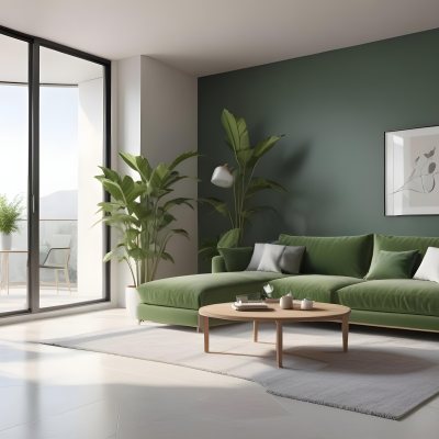 3d Model A Modern Living Room Featuring A Green Sofa With Cushions A Glass Coffee Table And A Tall Green Plant In A White Pot Large Glass Doors Lead To A Balcony Allowing Natural Light To Enter The Walls Are Paint 15 B695