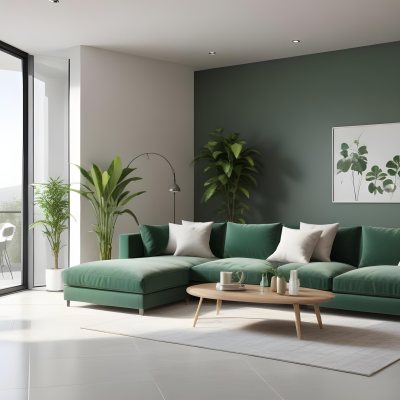 3d Model A Modern Living Room Featuring A Green Sofa With Cushions A Glass Coffee Table And A Tall Green Plant In A White Pot Large Glass Doors Lead To A Balcony Allowing Natural Light To Enter The Walls Are Paint 16 015a