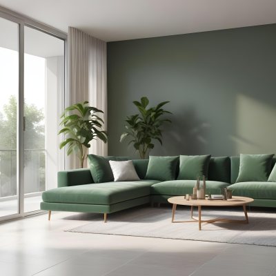 3d Model A Modern Living Room Featuring A Green Sofa With Cushions A Glass Coffee Table And A Tall Green Plant In A White Pot Large Glass Doors Lead To A Balcony Allowing Natural Light To Enter The Walls Are Paint 17 2f22