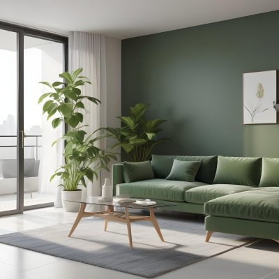 3d Model A Modern Living Room Featuring A Green Sofa With Cushions A Glass Coffee Table And A Tall Green Plant In A White Pot Large Glass Doors Lead To A Balcony Allowing Natural Light To Enter The Walls Are Paint 18 Af09