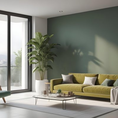 3d Model A Modern Living Room Featuring A Green Sofa With Cushions A Glass Coffee Table And A Tall Green Plant In A White Pot Large Glass Doors Lead To A Balcony Allowing Natural Light To Enter The Walls Are Paint 19 B35f