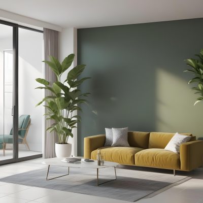 3d Model A Modern Living Room Featuring A Green Sofa With Cushions A Glass Coffee Table And A Tall Green Plant In A White Pot Large Glass Doors Lead To A Balcony Allowing Natural Light To Enter The Walls Are Paint 21 E209