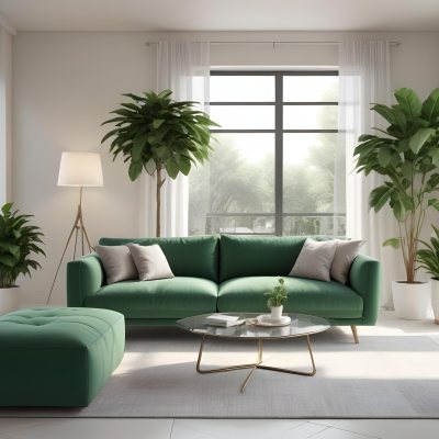 3d Model A Modern Living Room Featuring A Green Sofa With Cushions A Glass Coffee Table And A Tall Green Plant In A White Pot Large Glass Doors Lead To A Balcony Allowing Natural Light To Enter The Walls Are Paint 22 F795