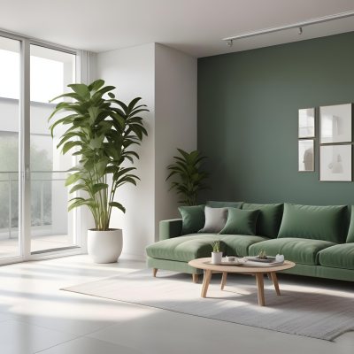 3d Model A Modern Living Room Featuring A Green Sofa With Cushions A Glass Coffee Table And A Tall Green Plant In A White Pot Large Glass Doors Lead To A Balcony Allowing Natural Light To Enter The Walls Are Paint 24 6729