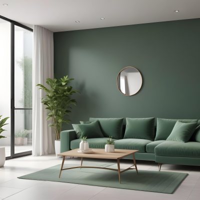 3d Model A Modern Living Room Featuring A Green Sofa With Cushions A Glass Coffee Table And A Tall Green Plant In A White Pot Large Glass Doors Lead To A Balcony Allowing Natural Light To Enter The Walls Are Paint 25 D928