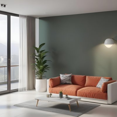 3d Model A Modern Living Room Featuring A Green Sofa With Cushions A Glass Coffee Table And A Tall Green Plant In A White Pot Large Glass Doors Lead To A Balcony Allowing Natural Light To Enter The Walls Are Paint 26 31dc