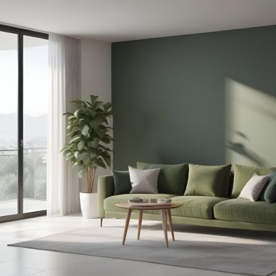 3d Model A Modern Living Room Featuring A Green Sofa With Cushions A Glass Coffee Table And A Tall Green Plant In A White Pot Large Glass Doors Lead To A Balcony Allowing Natural Light To Enter The Walls Are Paint 27 A594