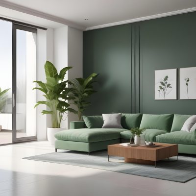 3d Model A Modern Living Room Featuring A Green Sofa With Cushions A Glass Coffee Table And A Tall Green Plant In A White Pot Large Glass Doors Lead To A Balcony Allowing Natural Light To Enter The Walls Are Paint 28 E9d6