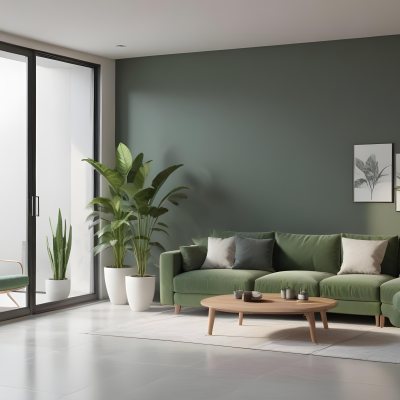 3d Model A Modern Living Room Featuring A Green Sofa With Cushions A Glass Coffee Table And A Tall Green Plant In A White Pot Large Glass Doors Lead To A Balcony Allowing Natural Light To Enter The Walls Are Paint 29 9bf0