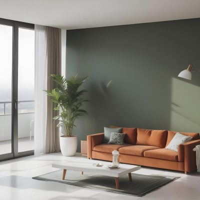 3d Model A Modern Living Room Featuring A Green Sofa With Cushions A Glass Coffee Table And A Tall Green Plant In A White Pot Large Glass Doors Lead To A Balcony Allowing Natural Light To Enter The Walls Are Paint 3 2040