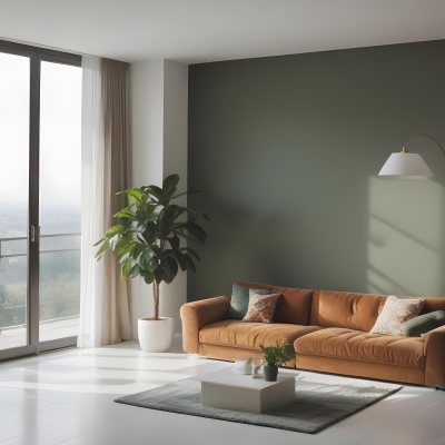 3d Model A Modern Living Room Featuring A Green Sofa With Cushions A Glass Coffee Table And A Tall Green Plant In A White Pot Large Glass Doors Lead To A Balcony Allowing Natural Light To Enter The Walls Are Paint 4 95d4