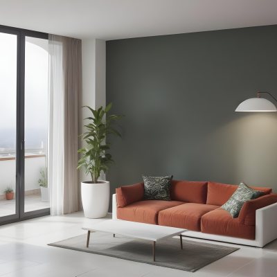 3d Model A Modern Living Room Featuring A Green Sofa With Cushions A Glass Coffee Table And A Tall Green Plant In A White Pot Large Glass Doors Lead To A Balcony Allowing Natural Light To Enter The Walls Are Paint 5 43d9