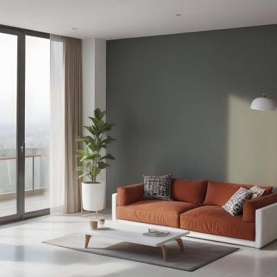 3d Model A Modern Living Room Featuring A Green Sofa With Cushions A Glass Coffee Table And A Tall Green Plant In A White Pot Large Glass Doors Lead To A Balcony Allowing Natural Light To Enter The Walls Are Paint 6 F9aa