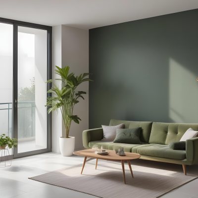 3d Model A Modern Living Room Featuring A Green Sofa With Cushions A Glass Coffee Table And A Tall Green Plant In A White Pot Large Glass Doors Lead To A Balcony Allowing Natural Light To Enter The Walls Are Paint 8 2d01