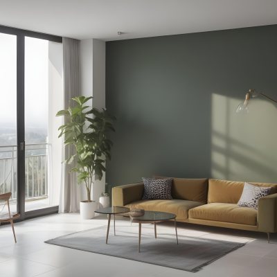 3d Model A Modern Living Room Featuring A Green Sofa With Cushions A Glass Coffee Table And A Tall Green Plant In A White Pot Large Glass Doors Lead To A Balcony Allowing Natural Light To Enter The Walls Are Paint 9 440e