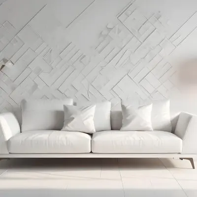 3d Model White Modern Sofa With Multiple Cushions In A Minimalist Interior Featuring A Geometric Patterned White Wall And A Floor Lamp Beside The Sofa The Flooring Is Also White Creating A Clean And Bright Atmosphere 10 C6cf