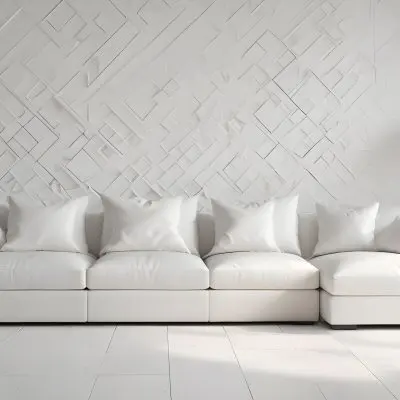 3d Model White Modern Sofa With Multiple Cushions In A Minimalist Interior Featuring A Geometric Patterned White Wall And A Floor Lamp Beside The Sofa The Flooring Is Also White Creating A Clean And Bright Atmosphere 11 D7e7