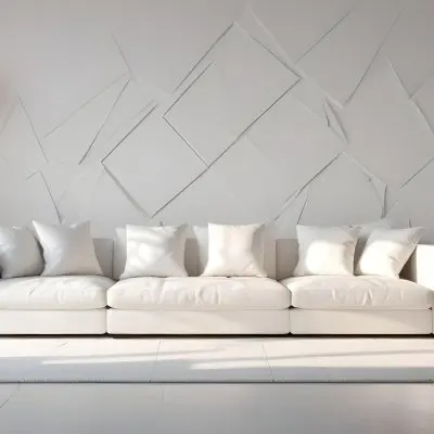 3d Model White Modern Sofa With Multiple Cushions In A Minimalist Interior Featuring A Geometric Patterned White Wall And A Floor Lamp Beside The Sofa The Flooring Is Also White Creating A Clean And Bright Atmosphere 12 Be48