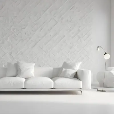 3d Model White Modern Sofa With Multiple Cushions In A Minimalist Interior Featuring A Geometric Patterned White Wall And A Floor Lamp Beside The Sofa The Flooring Is Also White Creating A Clean And Bright Atmosphere 14 Ea52