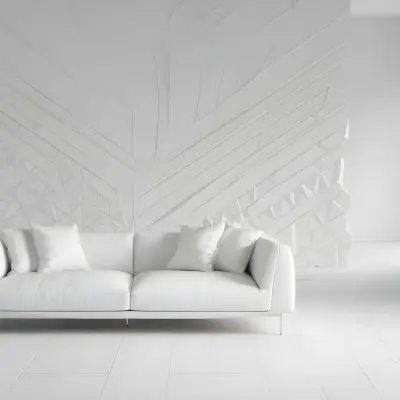 3d Model White Modern Sofa With Multiple Cushions In A Minimalist Interior Featuring A Geometric Patterned White Wall And A Floor Lamp Beside The Sofa The Flooring Is Also White Creating A Clean And Bright Atmosphere 15 8e71