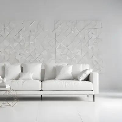 3d Model White Modern Sofa With Multiple Cushions In A Minimalist Interior Featuring A Geometric Patterned White Wall And A Floor Lamp Beside The Sofa The Flooring Is Also White Creating A Clean And Bright Atmosphere 16 40d1