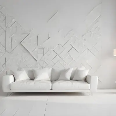 3d Model White Modern Sofa With Multiple Cushions In A Minimalist Interior Featuring A Geometric Patterned White Wall And A Floor Lamp Beside The Sofa The Flooring Is Also White Creating A Clean And Bright Atmosphere 18 7e3b
