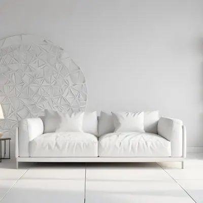 3d Model White Modern Sofa With Multiple Cushions In A Minimalist Interior Featuring A Geometric Patterned White Wall And A Floor Lamp Beside The Sofa The Flooring Is Also White Creating A Clean And Bright Atmosphere 19 F471