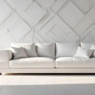 3d Model White Modern Sofa With Multiple Cushions In A Minimalist Interior Featuring A Geometric Patterned White Wall And A Floor Lamp Beside The Sofa The Flooring Is Also White Creating A Clean And Bright Atmosphere 3 Daca
