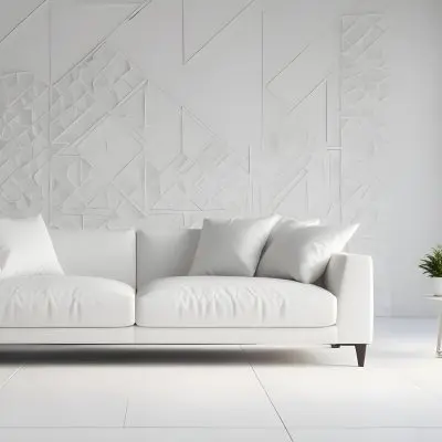 3d Model White Modern Sofa With Multiple Cushions In A Minimalist Interior Featuring A Geometric Patterned White Wall And A Floor Lamp Beside The Sofa The Flooring Is Also White Creating A Clean And Bright Atmosphere 5 013d