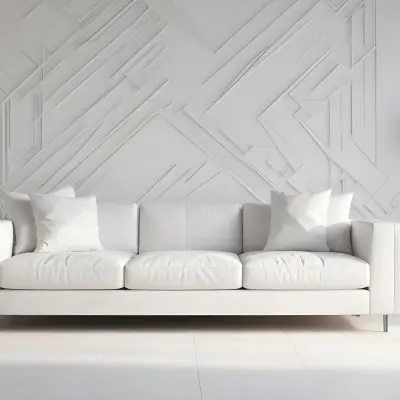 3d Model White Modern Sofa With Multiple Cushions In A Minimalist Interior Featuring A Geometric Patterned White Wall And A Floor Lamp Beside The Sofa The Flooring Is Also White Creating A Clean And Bright Atmosphere 7 1b8c