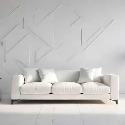 3d Model White Modern Sofa With Multiple Cushions In A Minimalist Interior Featuring A Geometric Patterned White Wall And A Floor Lamp Beside The Sofa The Flooring Is Also White Creating A Clean And Bright Atmosphere 8 26f2