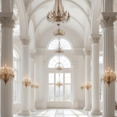 A Grand Ornate White Interior With Arched Windows Columns And Chandeliers Creating A Luxurious And Elegant Atmosphere 10 5746