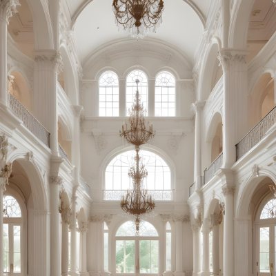 A Grand Ornate White Interior With Arched Windows Columns And Chandeliers Creating A Luxurious And Elegant Atmosphere 11 A297