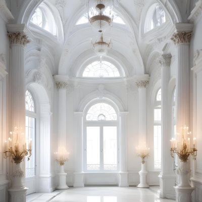A Grand Ornate White Interior With Arched Windows Columns And Chandeliers Creating A Luxurious And Elegant Atmosphere 26 7497