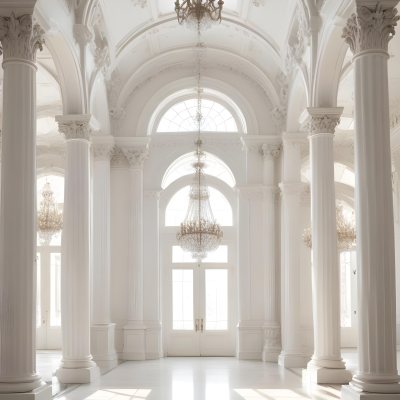 A Grand Ornate White Interior With Arched Windows Columns And Chandeliers Creating A Luxurious And Elegant Atmosphere 5 8ad2