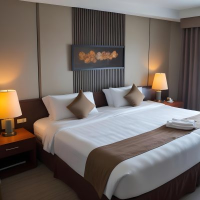 A King Size Bed With White Sheets And Brown Pillows In A Hotel Room With A Bedside Table And A Lamp 14 D05f
