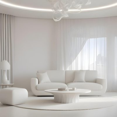 A Minimalist Interior Featuring A White Wall With Decorative Molding A Decorative Gray Door And A Light Gray Armchair With A Tufted Design A Potted Plant Is Positioned Next To The Chair Contributing To The Clean And 11 615d