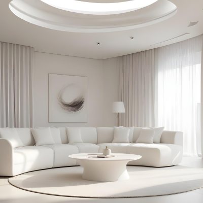 A Minimalist Interior Featuring A White Wall With Decorative Molding A Decorative Gray Door And A Light Gray Armchair With A Tufted Design A Potted Plant Is Positioned Next To The Chair Contributing To The Clean And 12 34b9