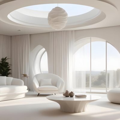 A Minimalist Interior Featuring A White Wall With Decorative Molding A Decorative Gray Door And A Light Gray Armchair With A Tufted Design A Potted Plant Is Positioned Next To The Chair Contributing To The Clean And 13 5dfe