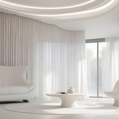 A Minimalist Interior Featuring A White Wall With Decorative Molding A Decorative Gray Door And A Light Gray Armchair With A Tufted Design A Potted Plant Is Positioned Next To The Chair Contributing To The Clean And 15 223c
