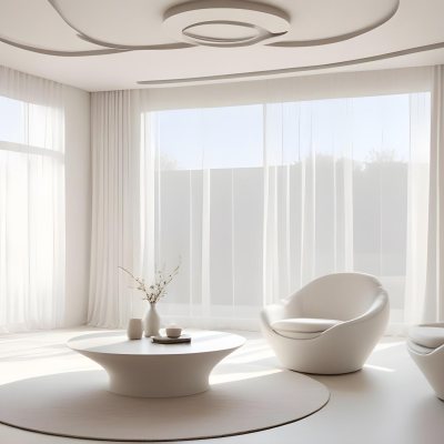 A Minimalist Interior Featuring A White Wall With Decorative Molding A Decorative Gray Door And A Light Gray Armchair With A Tufted Design A Potted Plant Is Positioned Next To The Chair Contributing To The Clean And 16 B614