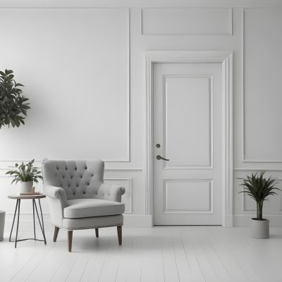 A Minimalist Interior Featuring A White Wall With Decorative Molding A Decorative Gray Door And A Light Gray Armchair With A Tufted Design A Potted Plant Is Positioned Next To The Chair Contributing To The Clean And 3 423b