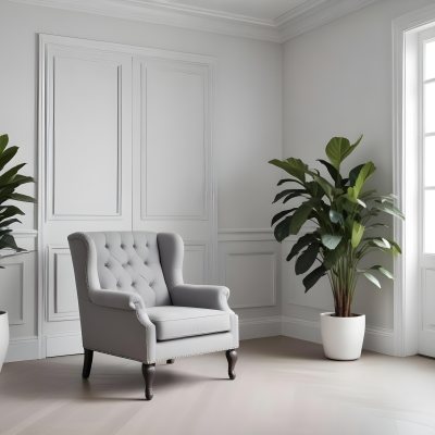 A Minimalist Interior Featuring A White Wall With Decorative Molding A Decorative Gray Door And A Light Gray Armchair With A Tufted Design A Potted Plant Is Positioned Next To The Chair Contributing To The Clean And 4 B3b6