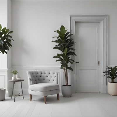 A Minimalist Interior Featuring A White Wall With Decorative Molding A Decorative Gray Door And A Light Gray Armchair With A Tufted Design A Potted Plant Is Positioned Next To The Chair Contributing To The Clean And 5 859c