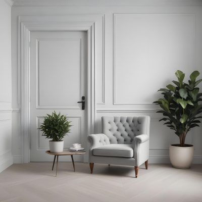A Minimalist Interior Featuring A White Wall With Decorative Molding A Decorative Gray Door And A Light Gray Armchair With A Tufted Design A Potted Plant Is Positioned Next To The Chair Contributing To The Clean And 8 5bf2