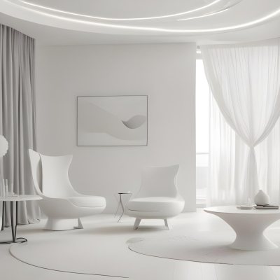 A Minimalist Interior Featuring A White Wall With Decorative Molding A Decorative Gray Door And A Light Gray Armchair With A Tufted Design A Potted Plant Is Positioned Next To The Chair Contributing To The Clean And 9 A8e0