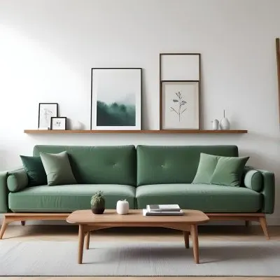 A Minimalist Living Room With A Green Sofa Wooden Shelves And A Framed Artwork On The Wall 1 Fc09