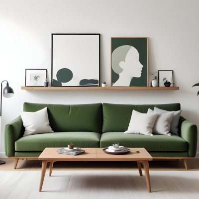A Minimalist Living Room With A Green Sofa Wooden Shelves And A Framed Artwork On The Wall 2 4c35