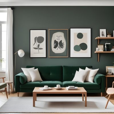 A Minimalist Living Room With A Green Sofa Wooden Shelves And A Framed Artwork On The Wall 3 Affd